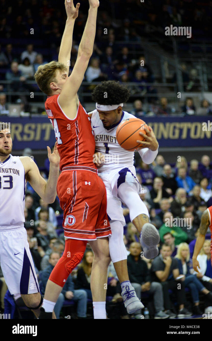 Seattle, WA, USA. 15th Feb, 2018. UW point guard David Crisp (1) drives down the lane against Utah's Jayce Johnson (34) during a PAC12 basketball game between the University of Washington and the University of Utah. The game was played at Hec Ed Pavilion in Seattle, WA. Jeff Halstead/CSM/Alamy Live News Stock Photo