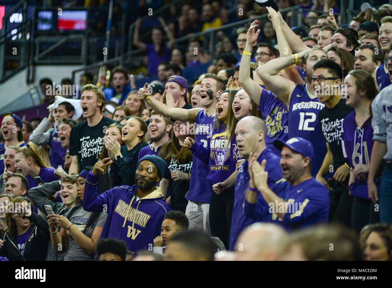 Seattle, WA, USA. 15th Feb, 2018. UW's student section, the Dawg Pound gets excited with first half action in a PAC12 basketball game between the University of Washington and the University of Utah. The game was played at Hec Ed Pavilion in Seattle, WA. Jeff Halstead/CSM/Alamy Live News Stock Photo