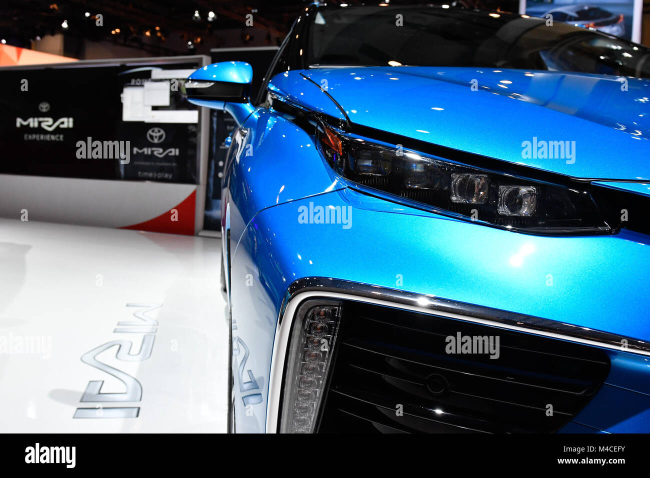Toronto, Canada. February 15, 2018. A close-up view of the  headlight and grill of the Toyota's hydrogen vehicle MIRAI on display at the 2018 Canadian International Autoshow media preview day at the Metro Toronto Convention Centre.   Dominic Chan/EXimages Stock Photo