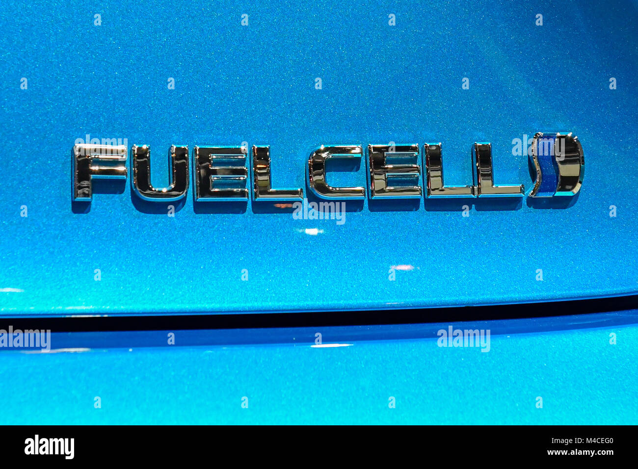 Toronto, Canada. February 15, 2018. A close-up view of Toyota's fuel cell badge at the 2018 Canadian International Autoshow media preview day at the Metro Toronto Convention Centre.   Dominic Chan/EXimages Stock Photo