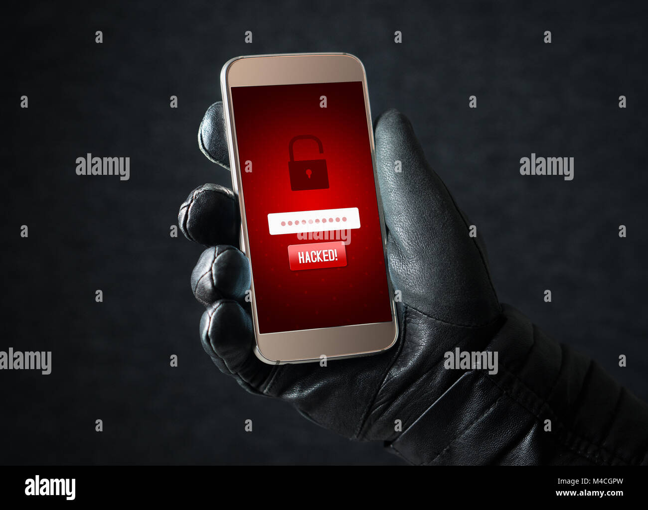 Hacked. Cyber security and online fraud concept. Mobile hacker and criminal login to personal information and data with smartphone. Stock Photo