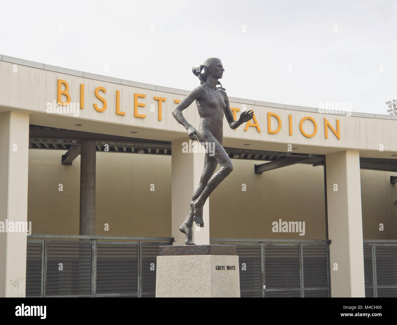 Bronze sculpture of the internationally famous Norwegian Marathon runner Grete Waitz outside the Bislet Stadion Stadium in Oslo Norway Stock Photo
