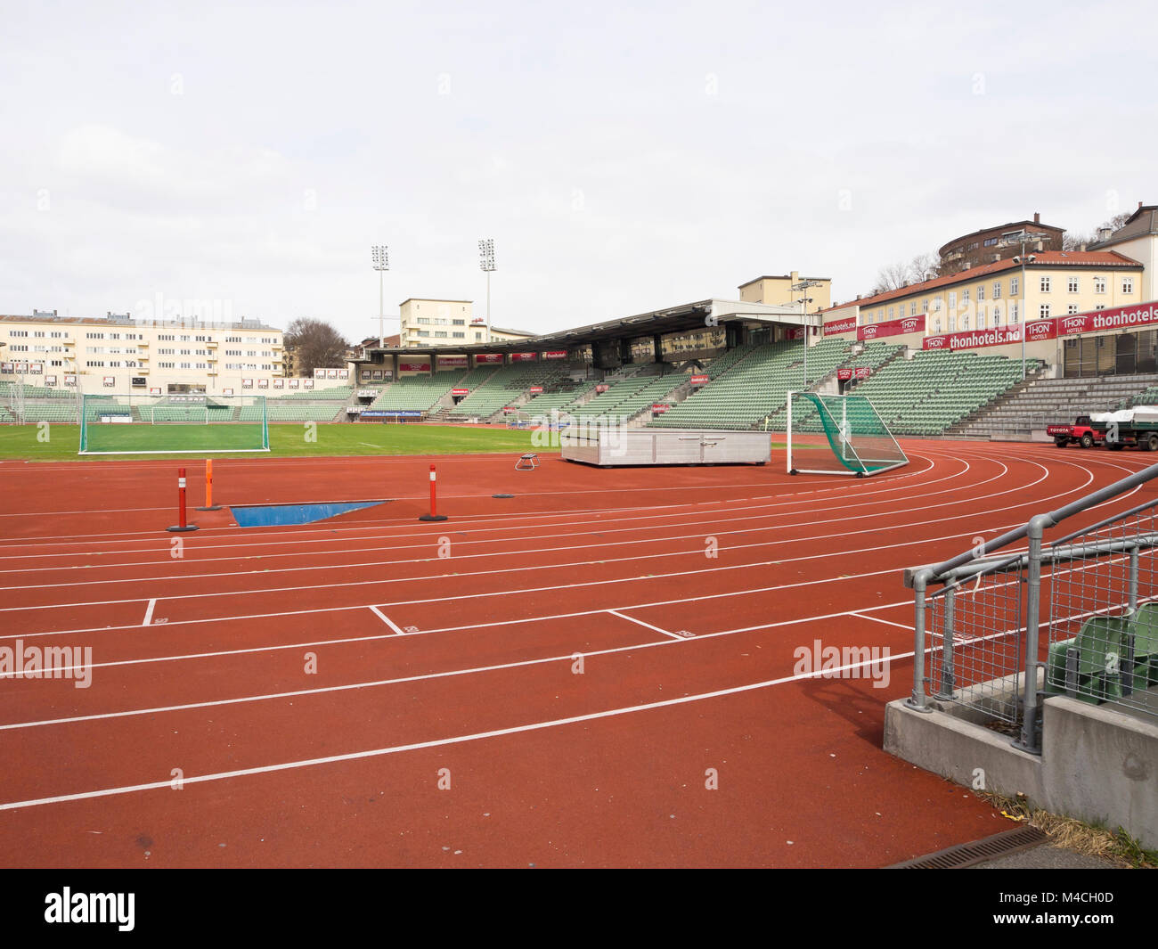 Bislett stadion (stadium) in Oslo Norway famous for the annual Bislett Games, an athletics event with world stars, overview with next door apartments Stock Photo