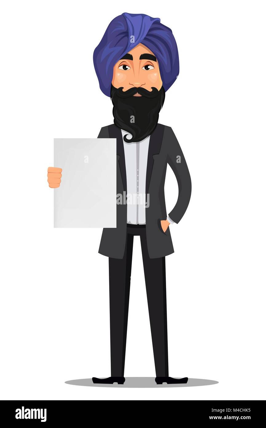 Indian business man cartoon character. Young handsome businessman in business suit and turban holding blank placard - stock vector Stock Vector