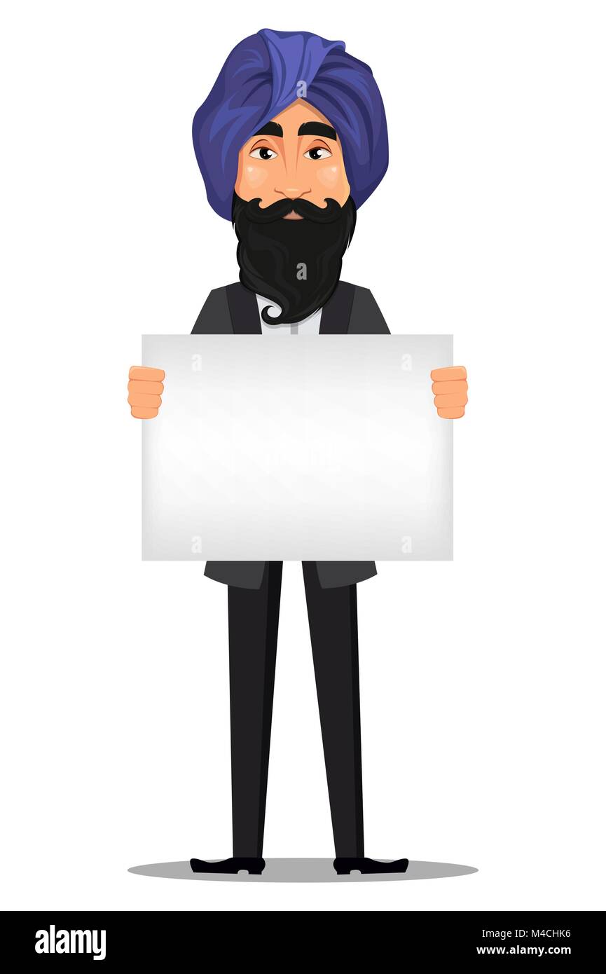 Indian business man cartoon character. Young handsome businessman in  business suit and turban holding big blank placard - stock vector Stock  Vector Image & Art - Alamy