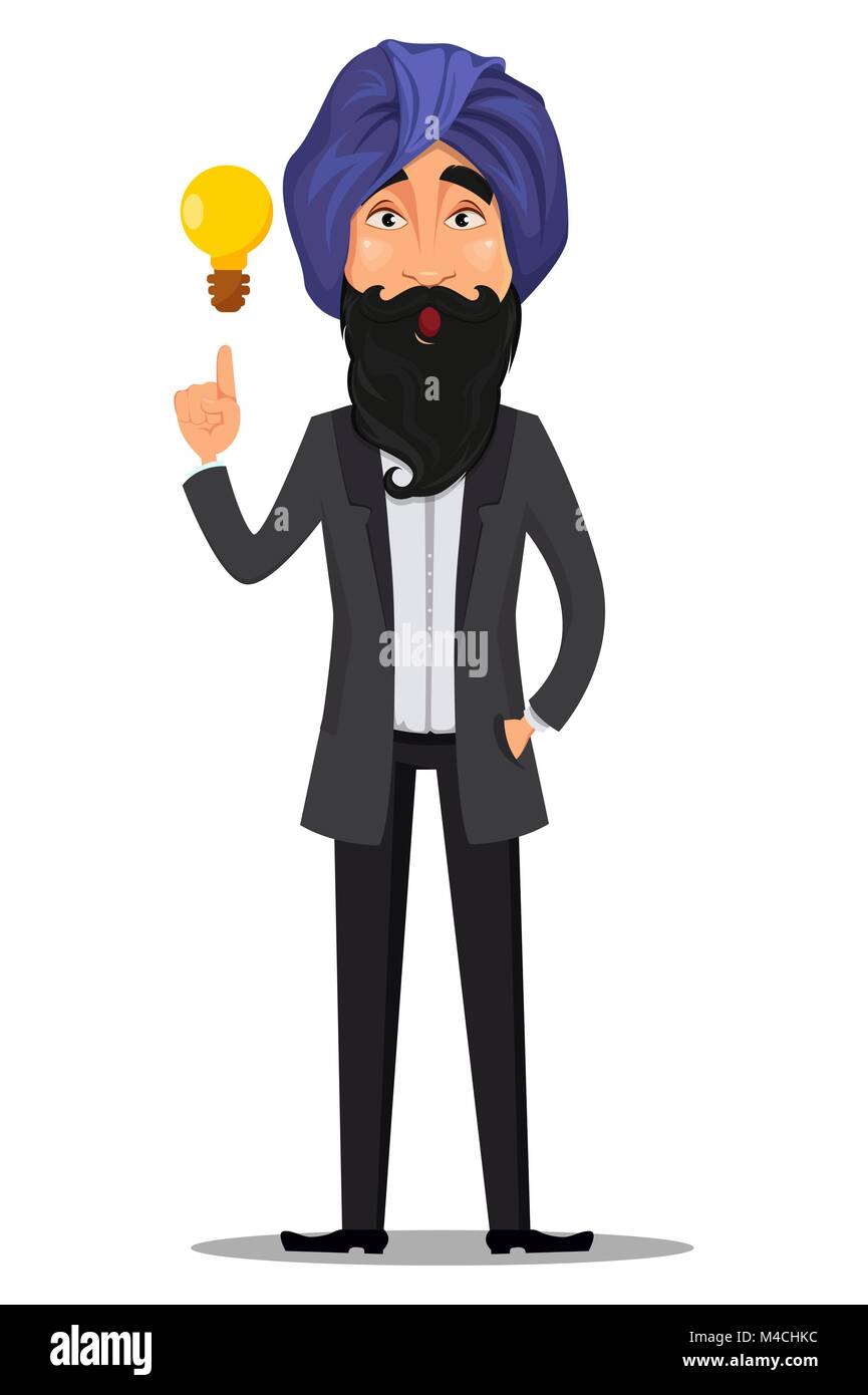 Indian business man cartoon character. Young handsome businessman in business suit and turban having and idea - stock vector Stock Vector