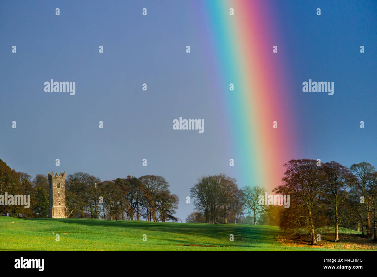 Beautiful rainbow over Tyrconnell Tower at Carton House Golf Course in Maynooth, co, Kildare, Ireland Stock Photo