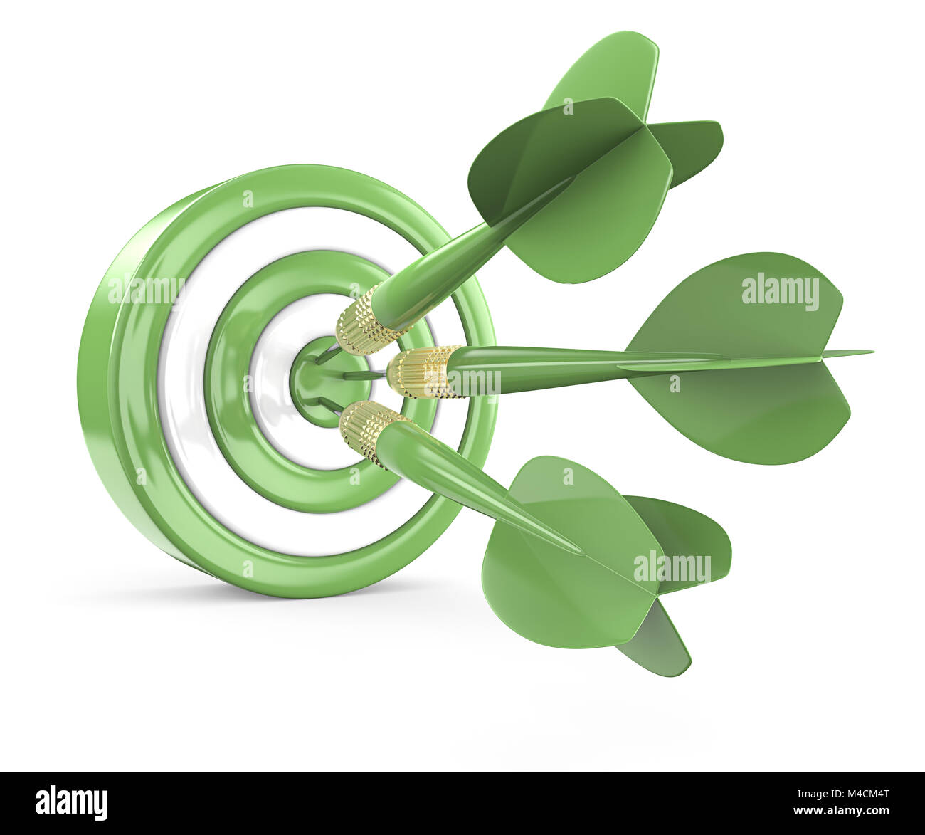 Green and white Dart Board with 3 geen dart arrows. 3D render. Stock Photo