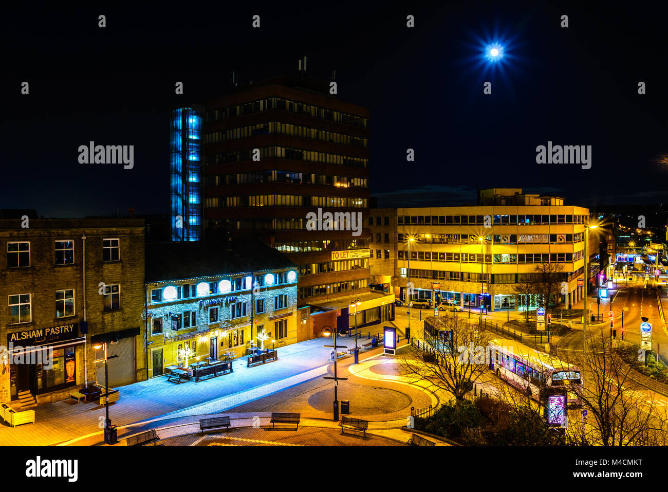 Elevated view of Market street at night, Huddersfield, West Yorkshire, England Stock Photo