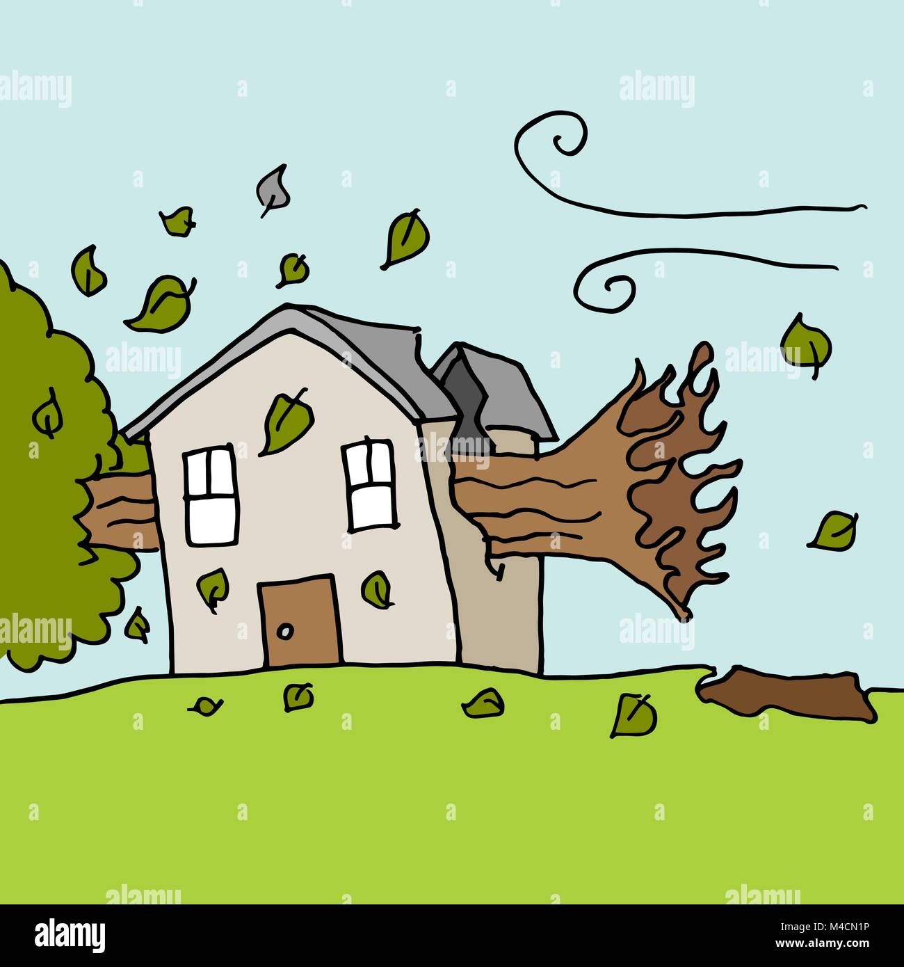 An image of a trees falling on house on a windy day Stock Vector Image
