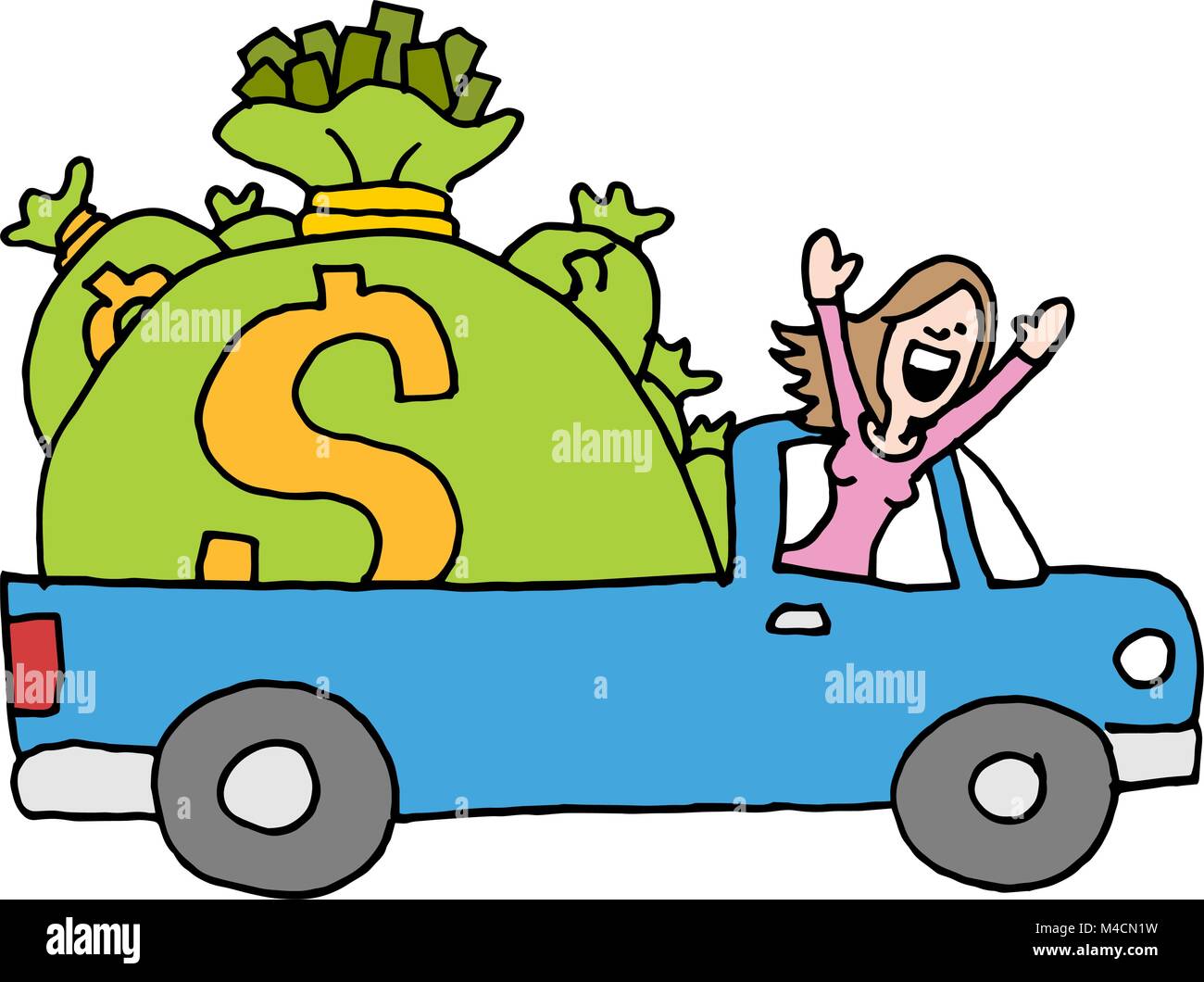 An image of a woman driving away with runaway savings moneybags. Stock Vector