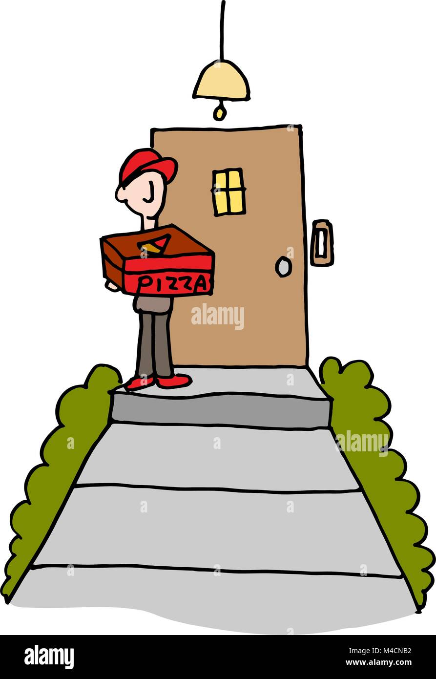 An image of a Pizza delivery man at the front door. Stock Vector