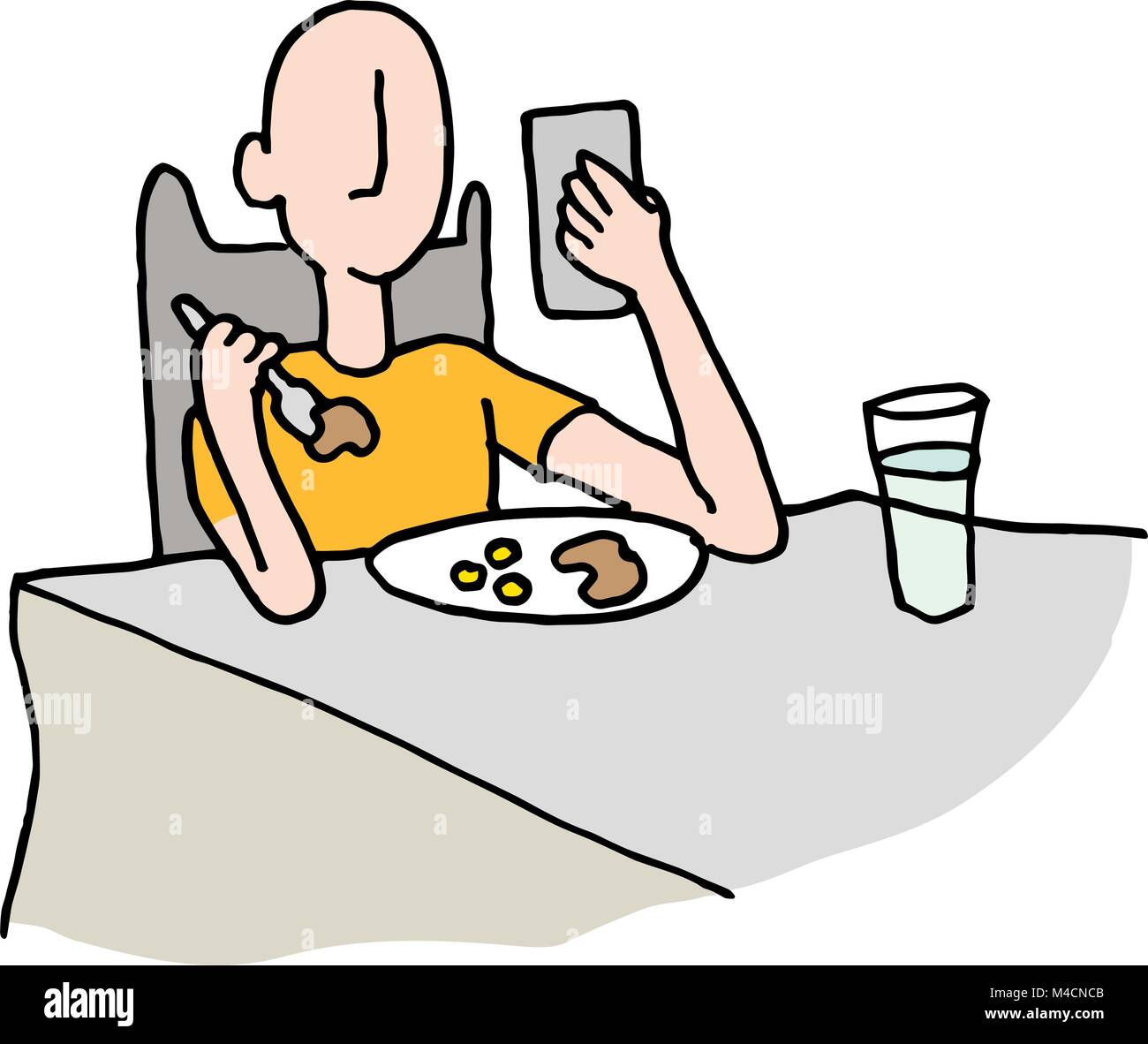 An image of a Man reading his phone while eating Stock Vector Image
