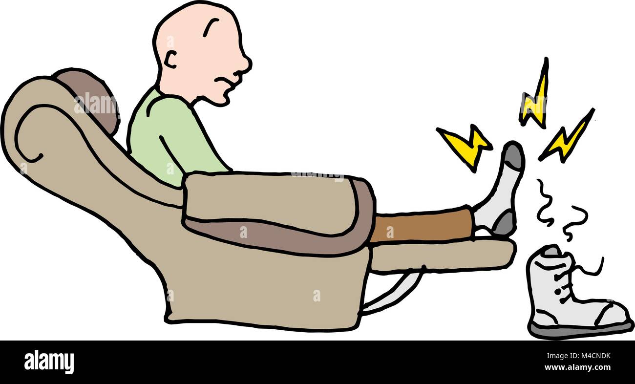 An image of a man with a sore entire feet sitting in a chair. Stock Vector