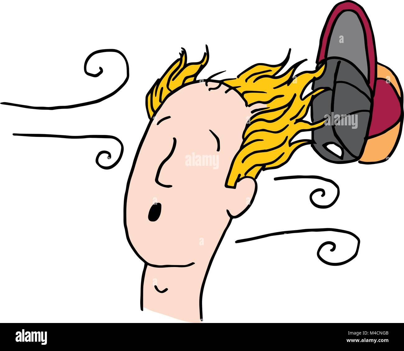 An image of a hat blown off of balding man. Stock Vector