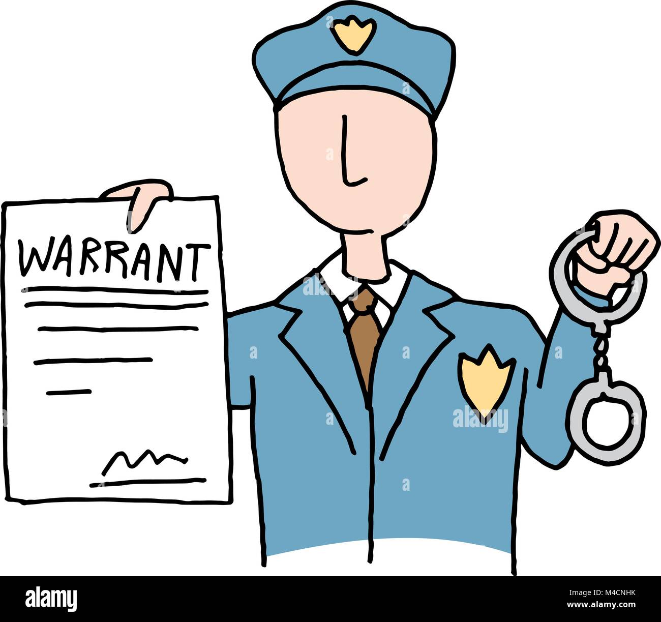 An image of a police officer holding a Arrest Warrant. Stock Vector