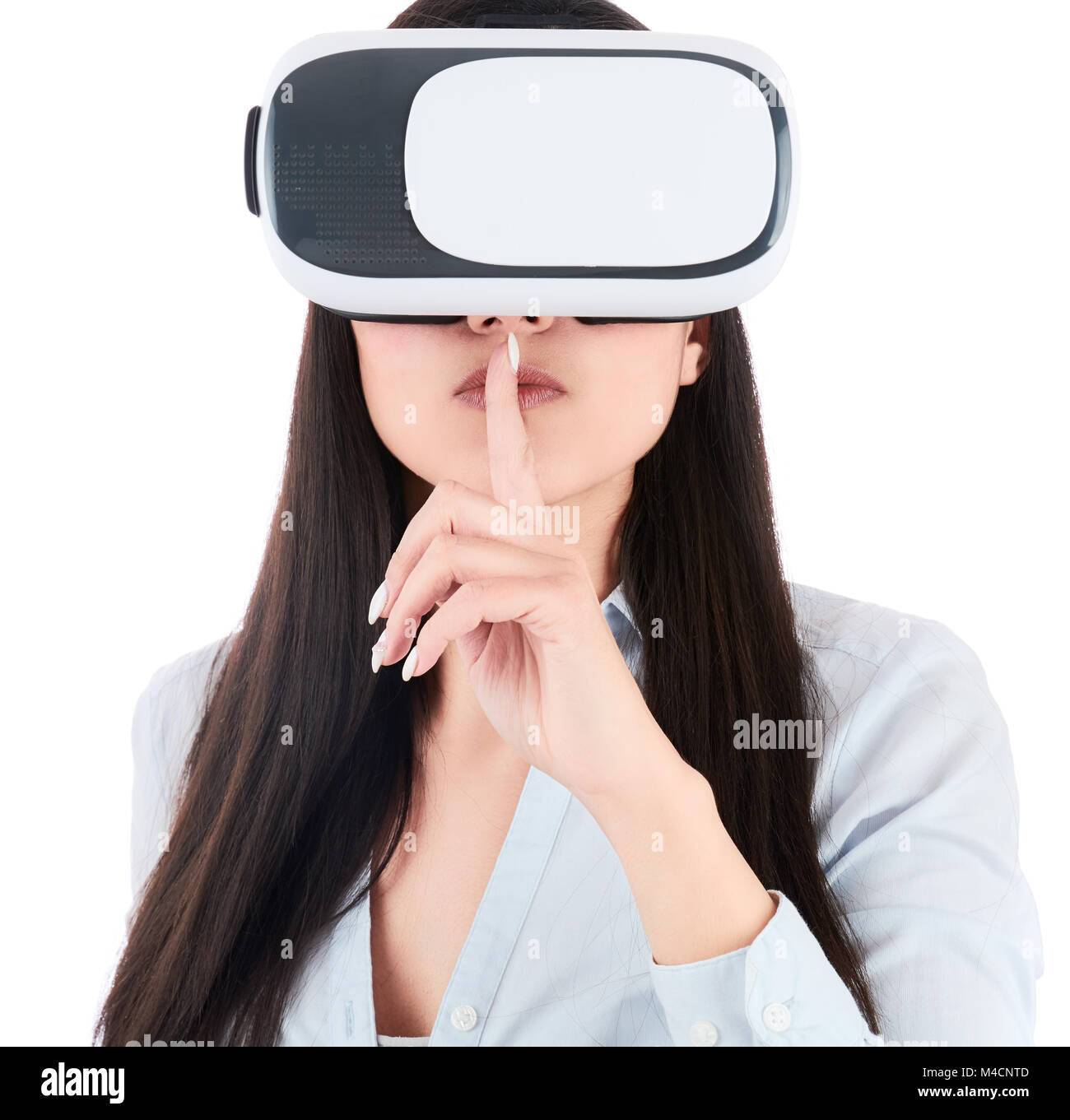 Young woman is using VR headset isolated on white background Stock ...