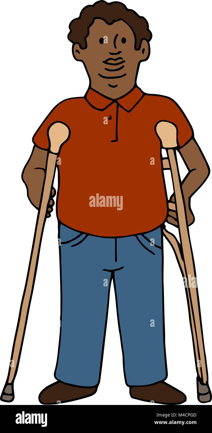 An image of a disabled african american man using crutches. Stock Vector