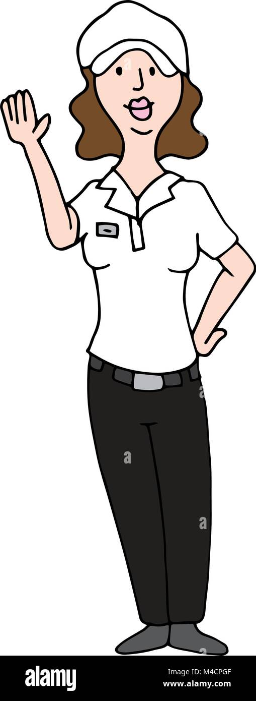 An image of a female employee wearing a hat, name tag and uniform Stock