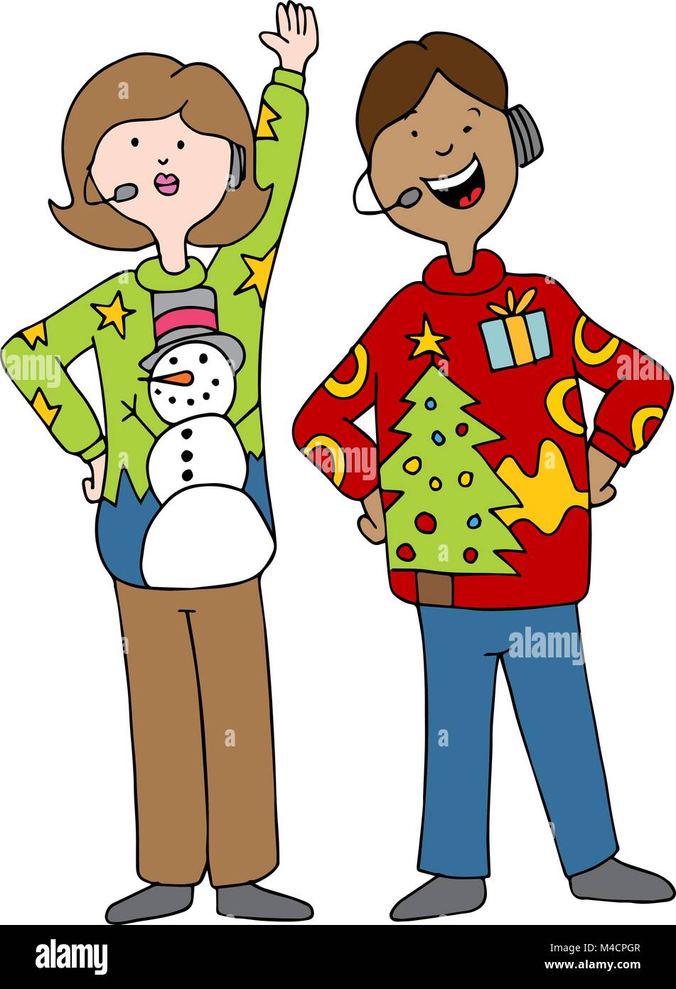 An image of a people  wearing ugly christmas sweaters. Stock Vector