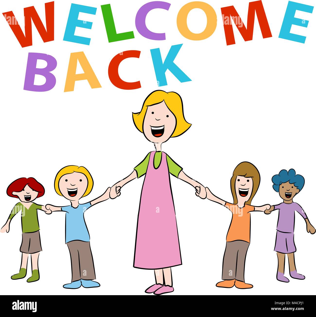 An image of a teacher and her students holding hands with a welcome back sign. Stock Vector