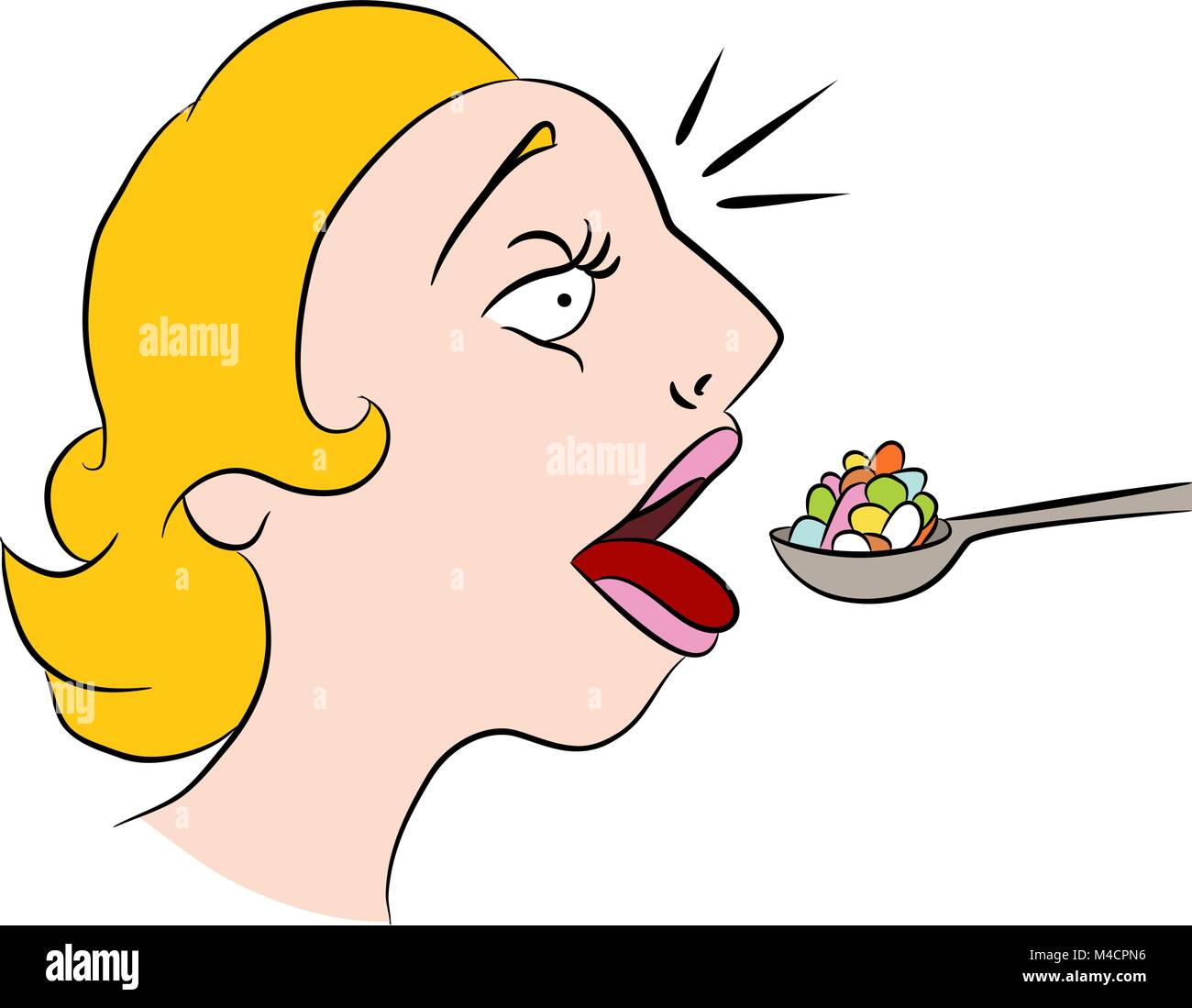 An image of a cartoon female taking too many pills for medication. Stock Vector