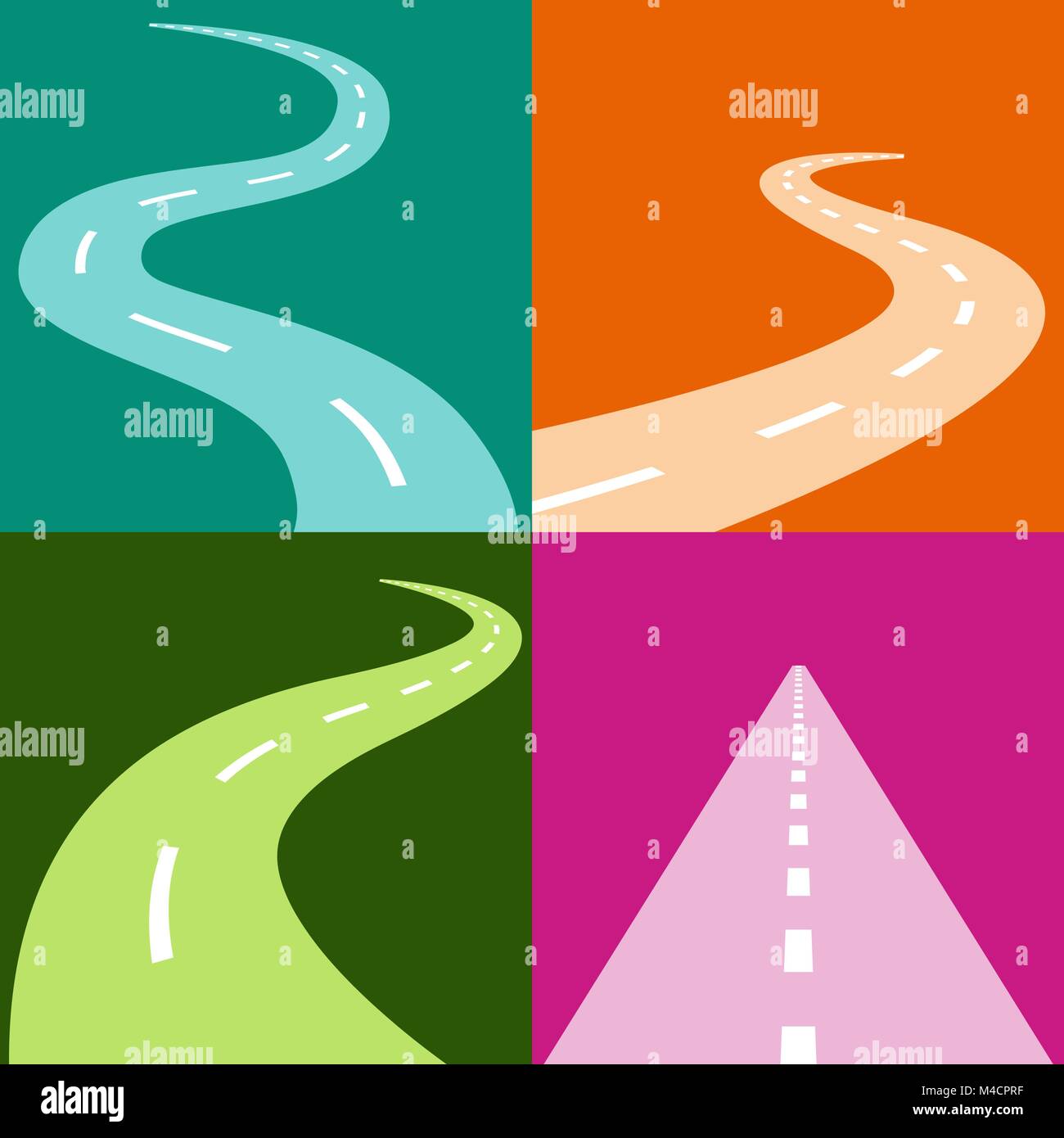An image of a winding and curving road icon set. Stock Vector