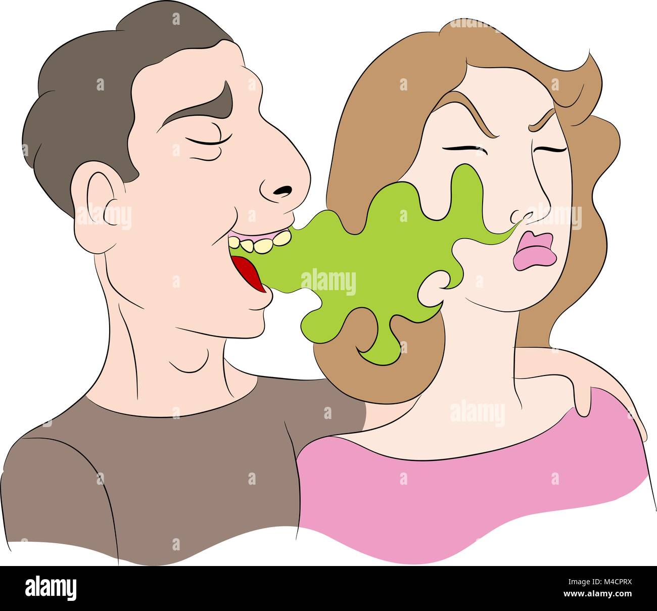 An image of a cartoon of a woman noticing a man has bad breath. Stock Vector