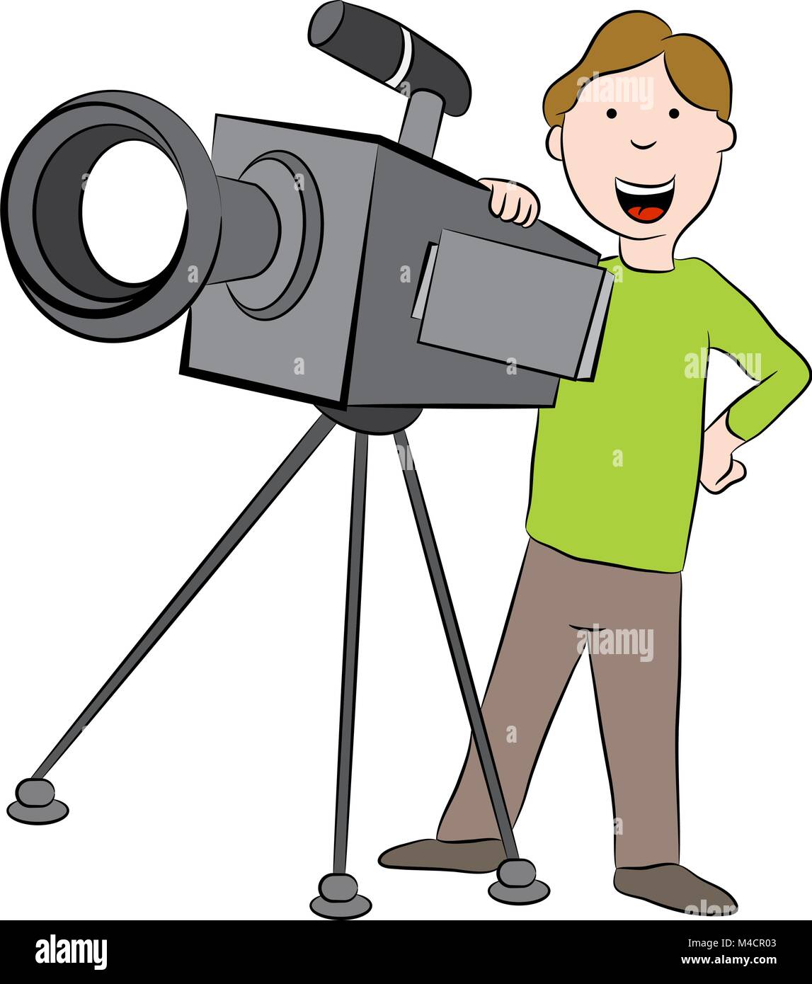 An image of a cartoon cameraman standing behind television camera. Stock Vector
