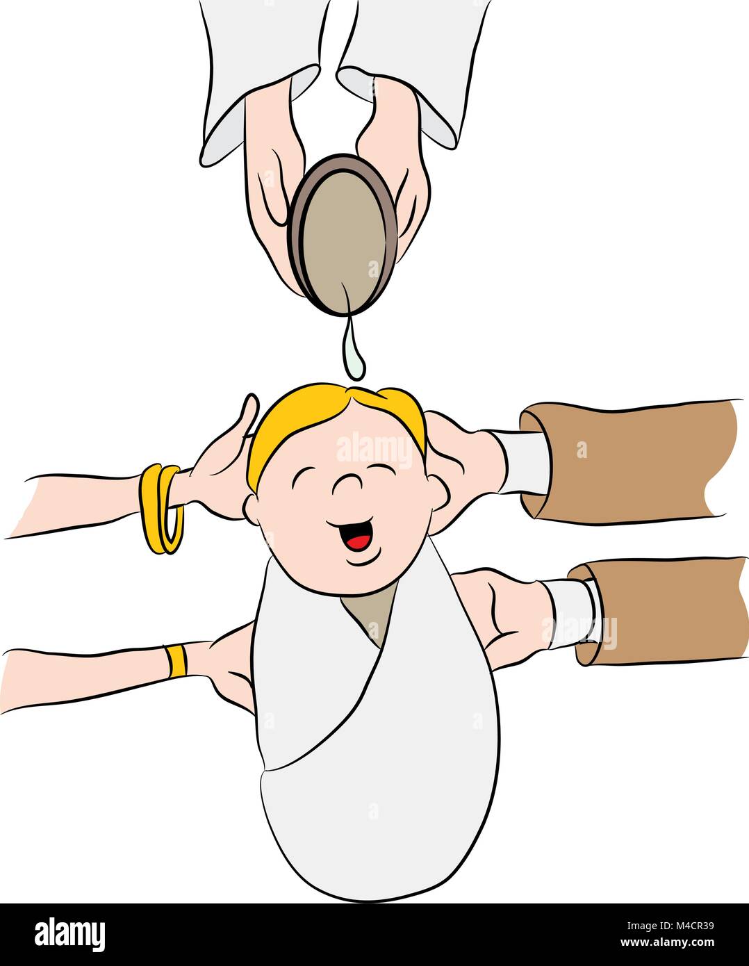 An image of a cartoon child having water poured on his head while being baptized Stock Vector