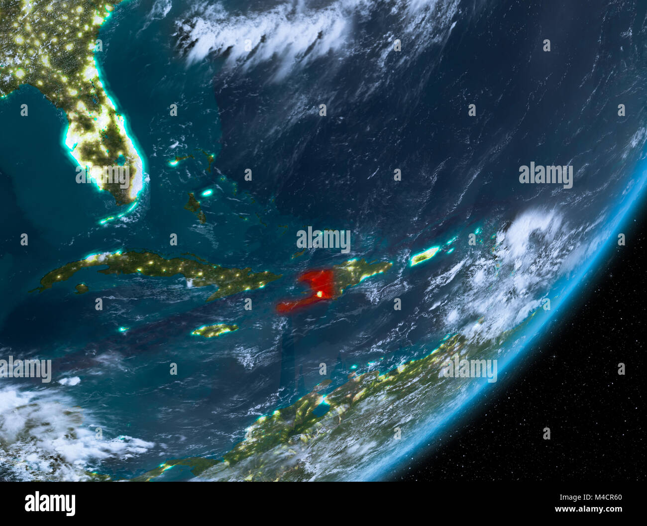 Haiti from orbit of planet Earth at night with highly detailed surface ...