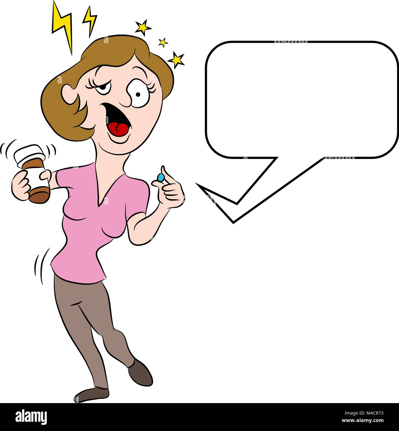 An image of a cartoon woman dizzy from medication side effects Stock