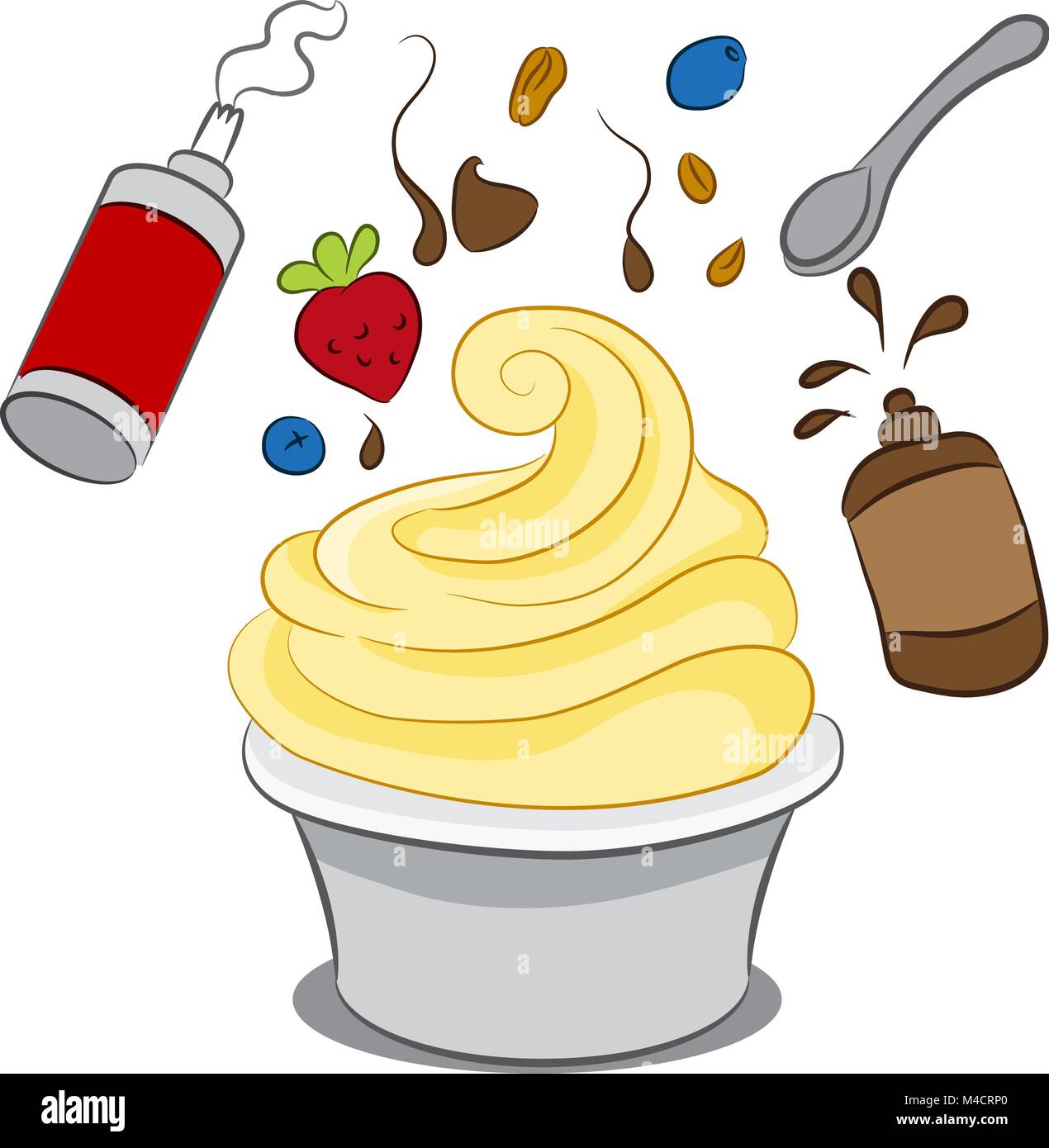 An image of a cup of frozen yogurt with condiments. Stock Vector