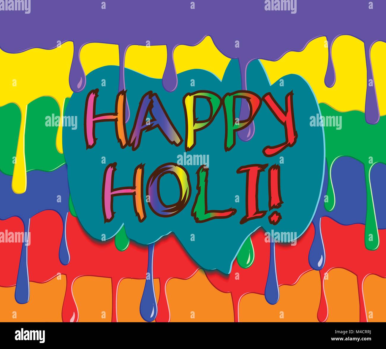 Greeting card for Holi Festival, multicolored dripping drops, simplified bright vector background Stock Vector