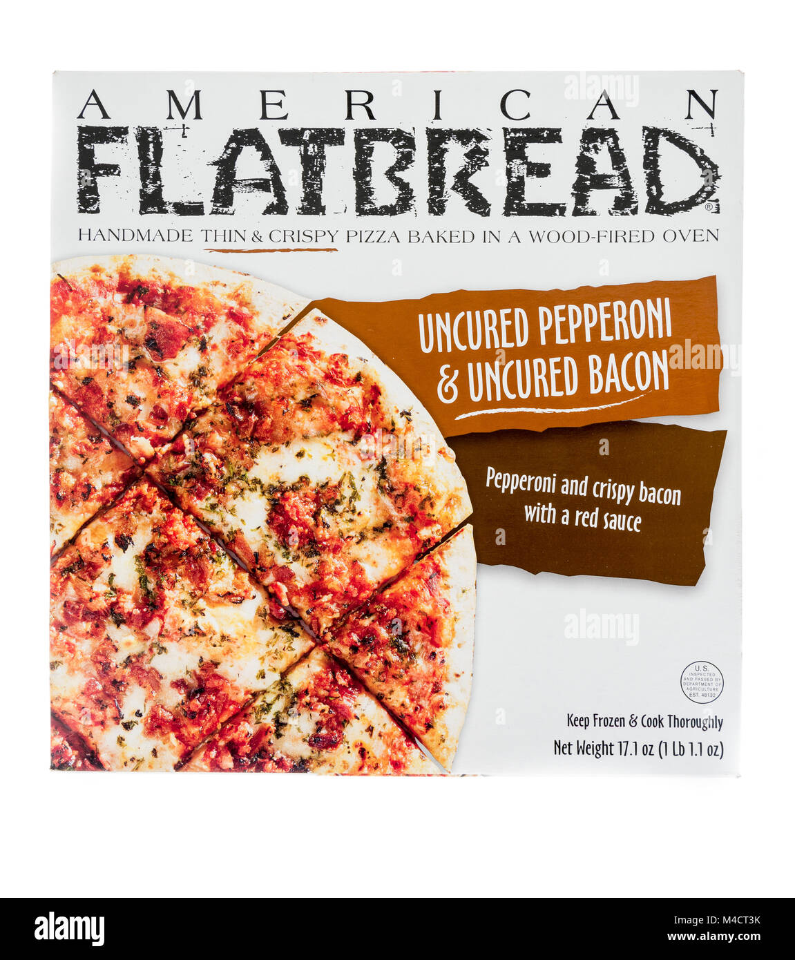 Winneconne, WI - 10 February 2018: A box of American Flatbread thin crust pepperoni and bacon pizza on an isolated background. Stock Photo