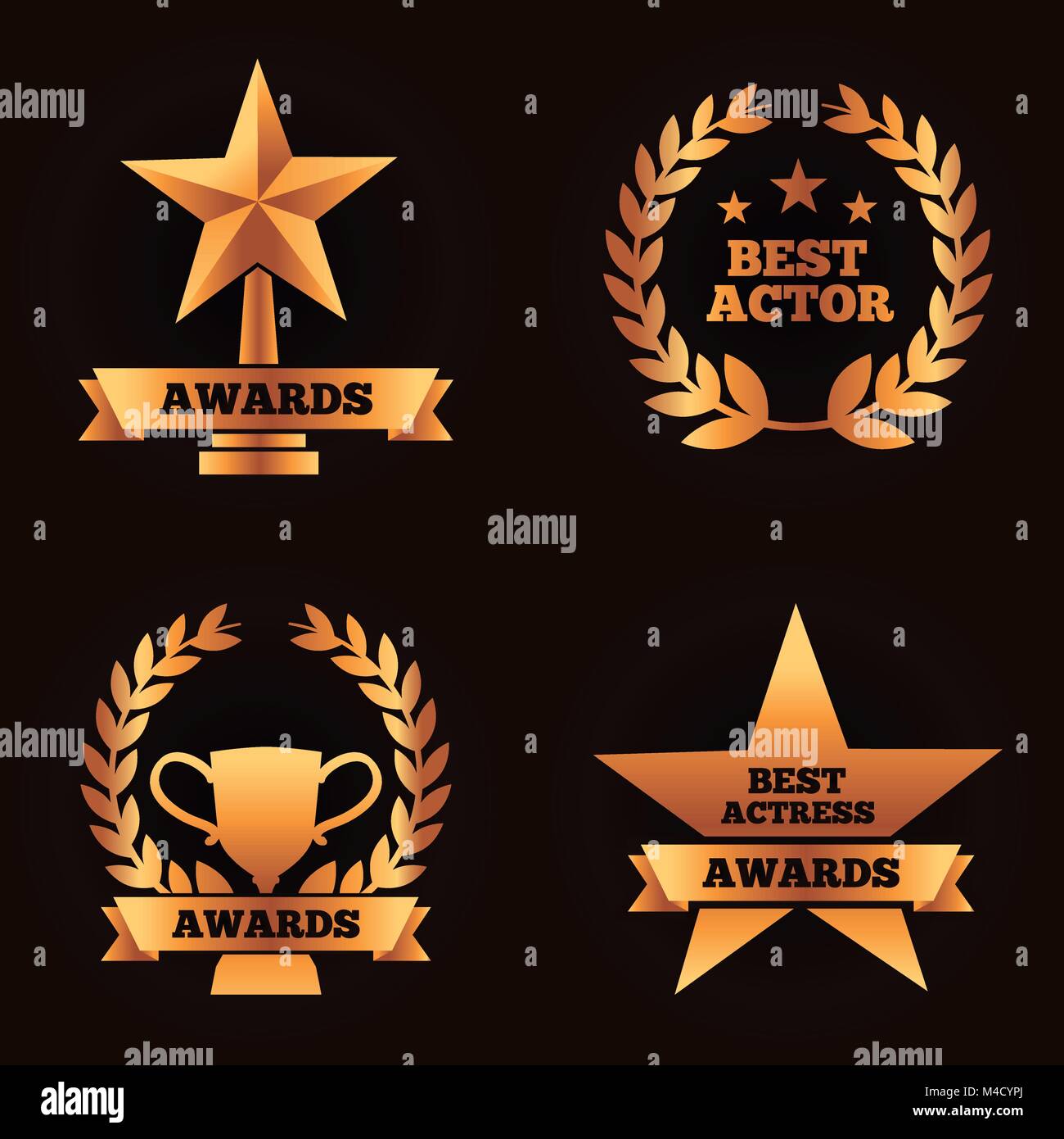 collection gold trophies star cup laurel awards best actor actress Stock Vector