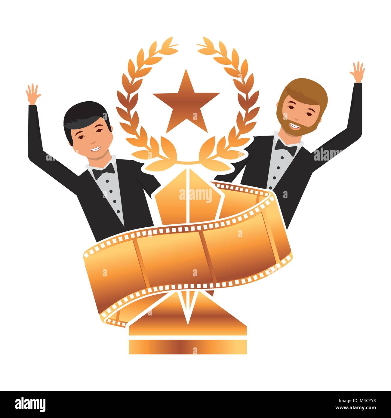 two actors waving hand with gold trophy laurel star strip film Stock Vector