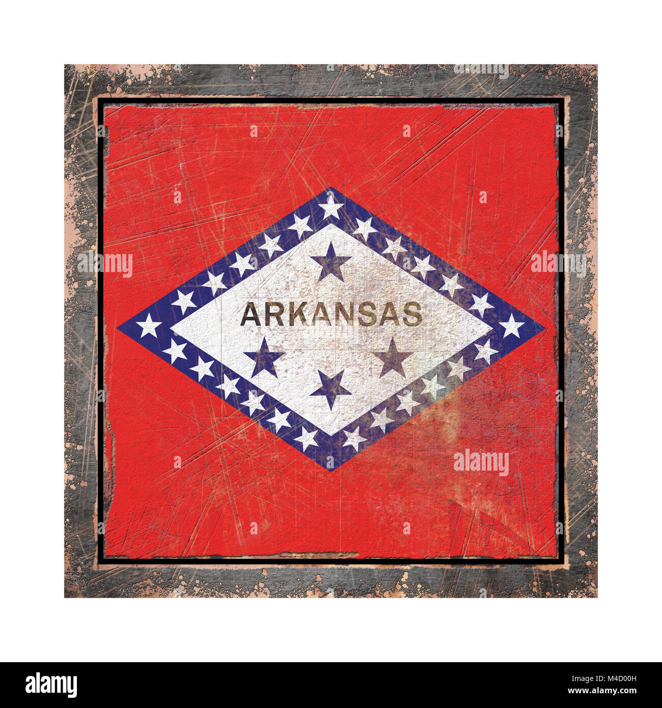 3d rendering of an Arkansas State flag over a rusty metallic plate wit ...