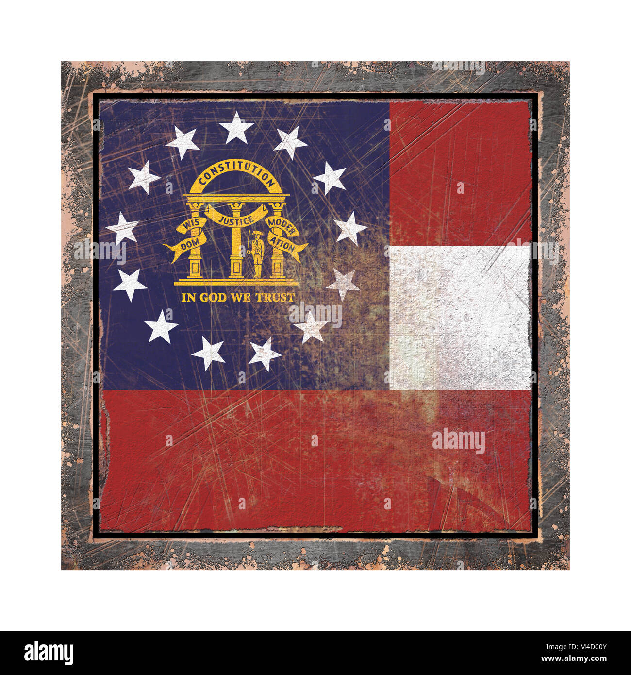 3d rendering of a Georgia State flag over a rusty metallic plate wit a ...