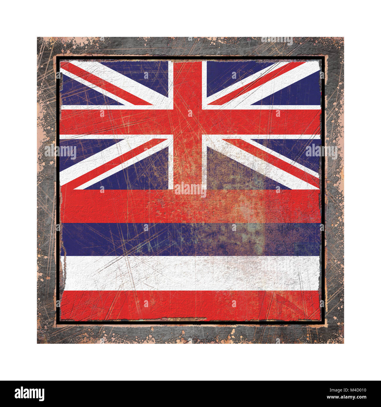 3d rendering of a Hawaii State flag over a rusty metallic plate wit a ...