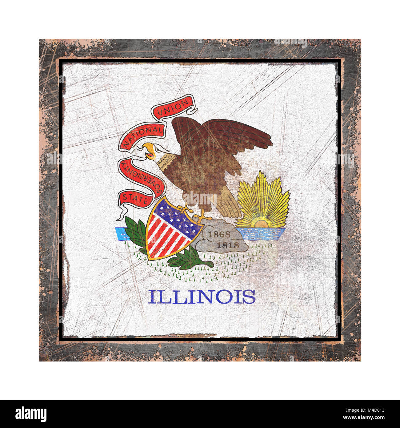 3d rendering of an Illinois State flag over a rusty metallic plate wit ...