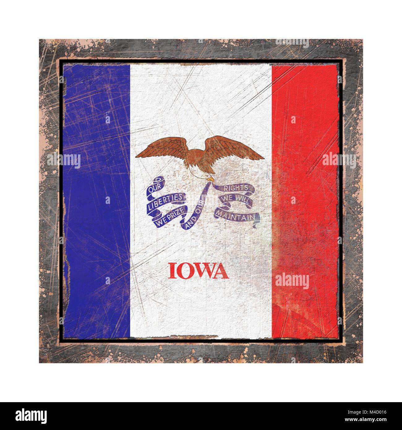 3d rendering of an Iowa State flag over a rusty metallic plate wit a ...