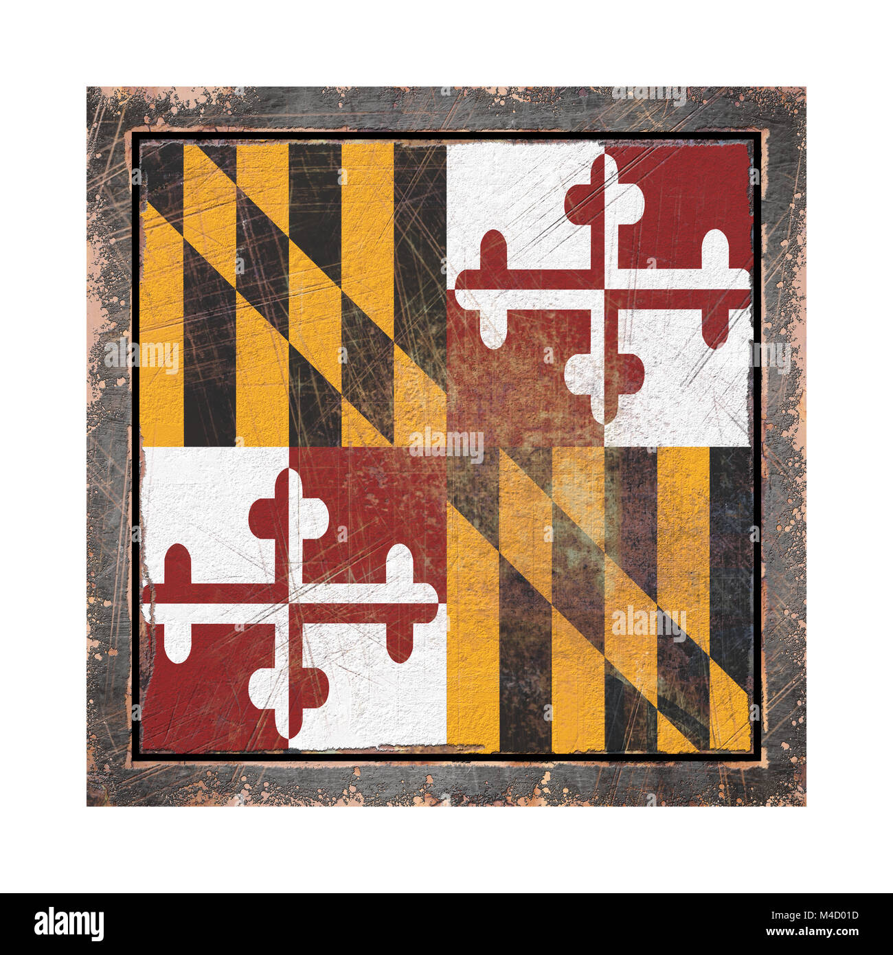 3d rendering of a Maryland State flag over a rusty metallic plate wit a ...