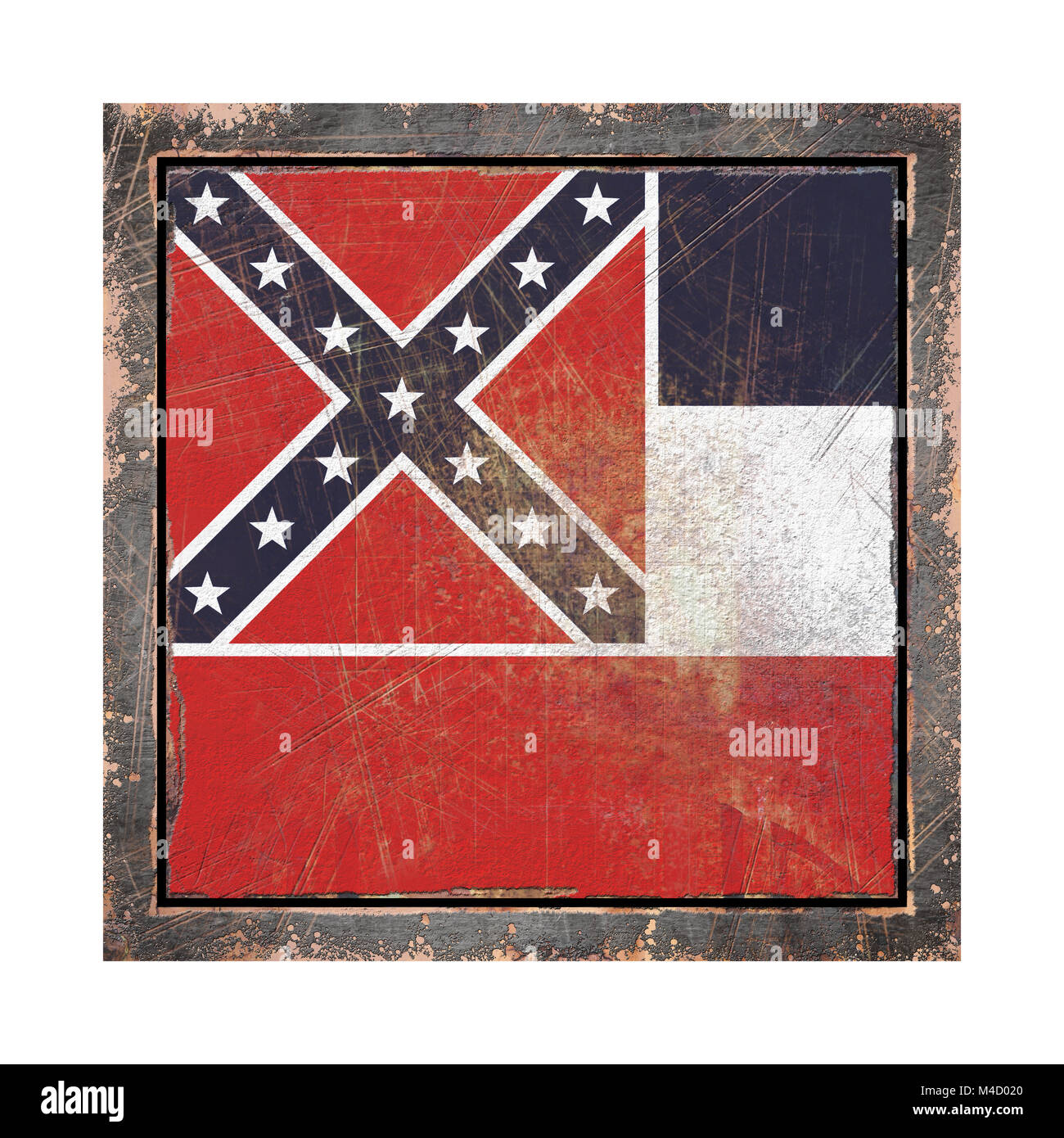 3d rendering of a Mississippi State flag over a rusty metallic plate ...