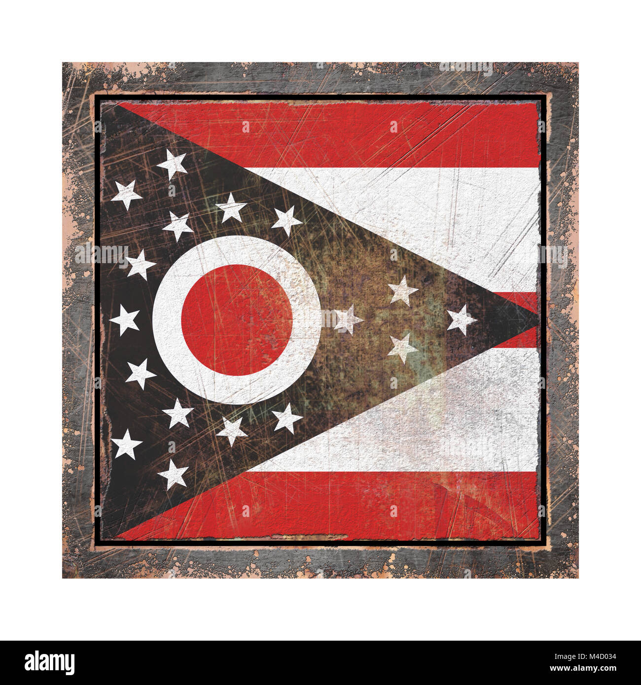 3d rendering of an Ohio State flag over a rusty metallic plate wit a ...
