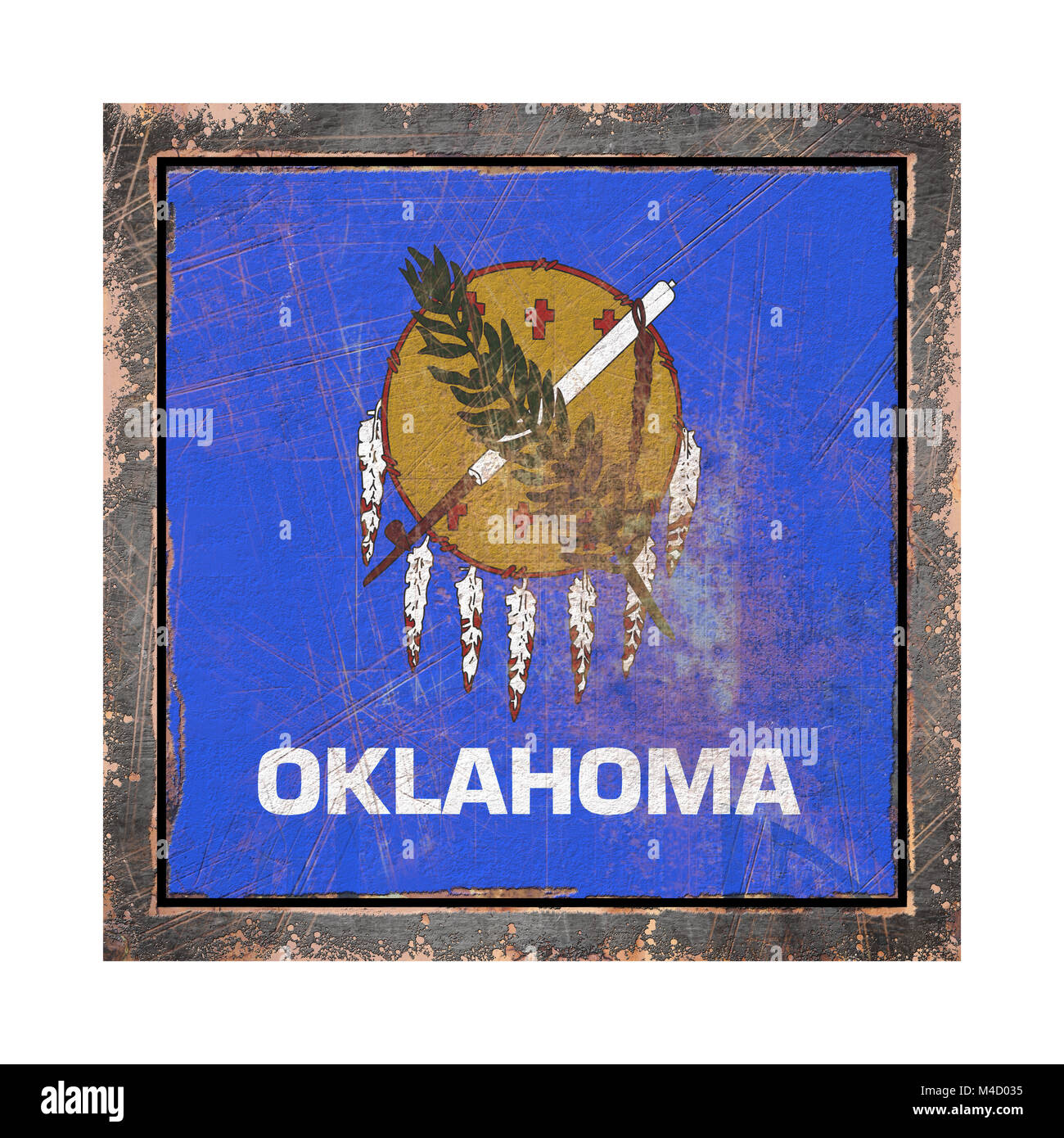 3d rendering of an Oklahoma State flag over a rusty metallic plate wit ...