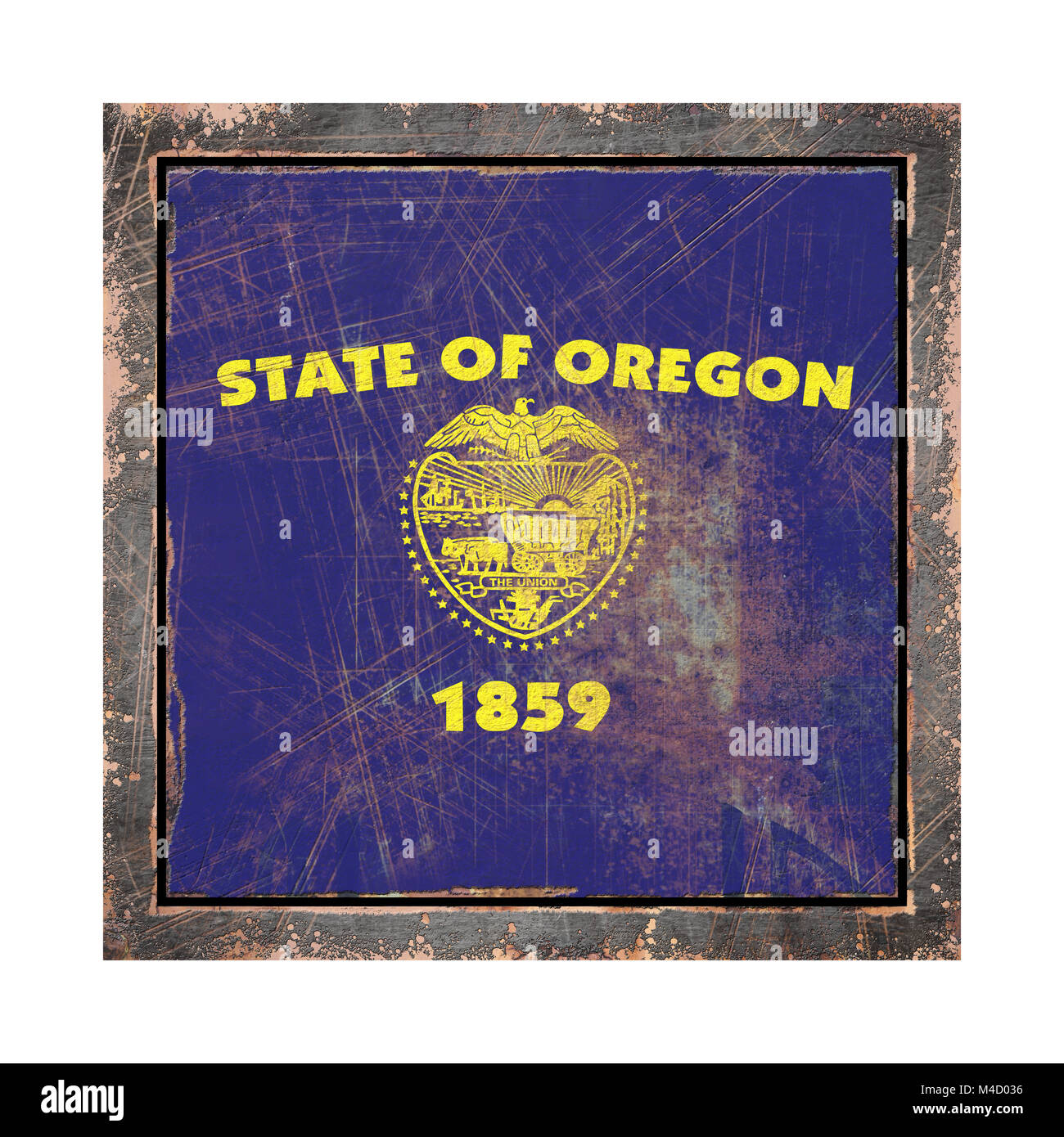 3d rendering of an Oregon State flag over a rusty metallic plate wit a ...