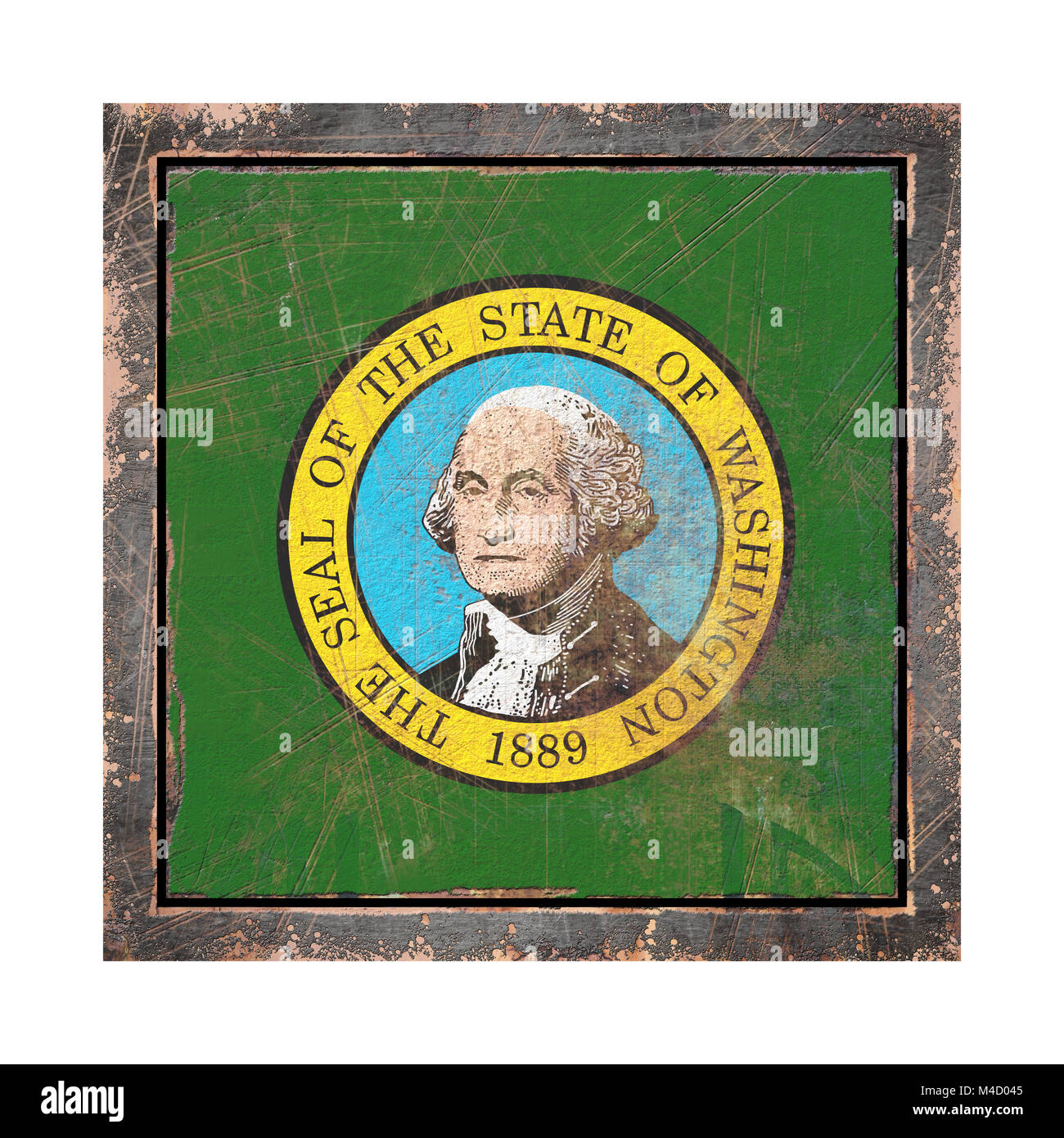 3d rendering of a Washington State flag over a rusty metallic plate wit a rusty frame. Isolated on white background. Stock Photo
