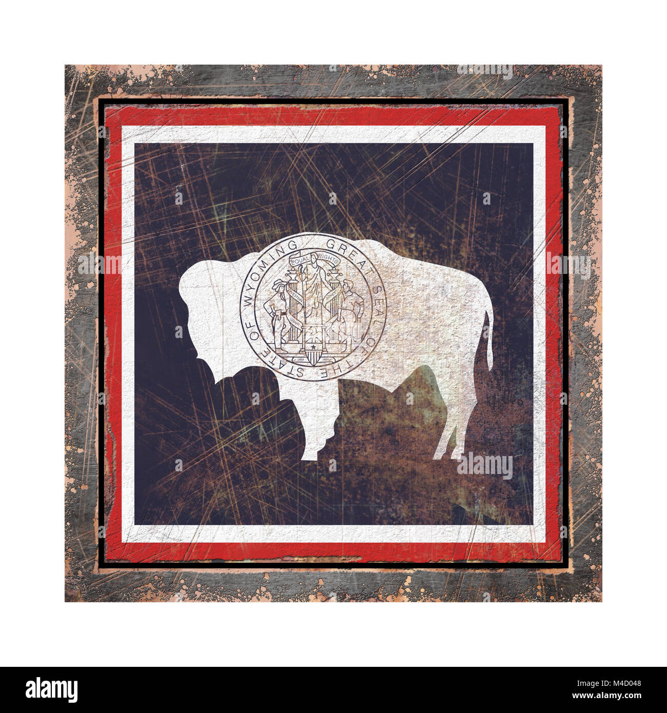 3d rendering of a Wyoming State flag over a rusty metallic plate wit a ...