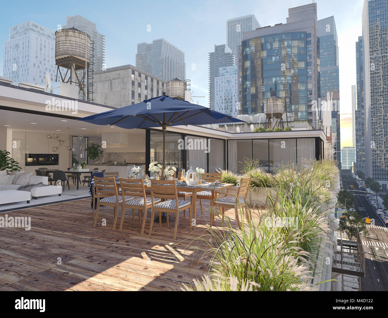 Image showcasing 3d rendering. penthouse terrace in a big city Stock Photo - Alamy